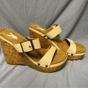 PLAYBOY Womens 5” Wedge Sandals white/Ivory Glitter Cork Shoes Size 9.5.